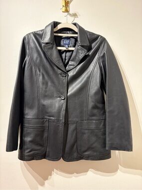 GAP Y2K 90s Black Leather Single-Breasted Blazer Jacket Size Medium
